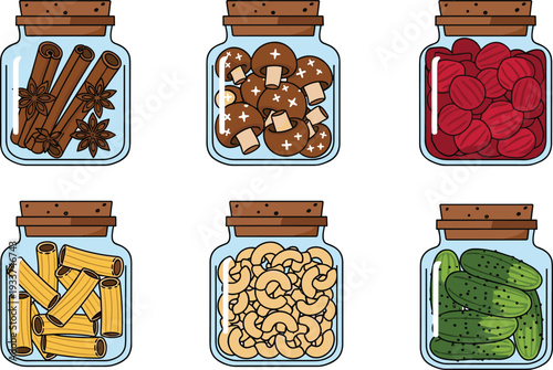 Set of glass jars filled with food ingredients, spices, pasta, nuts and pickles, colorful flat vector illustration isolated