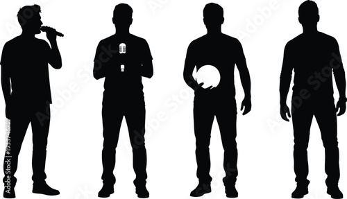 Silhouettes of Professional Photographer Equipment, Video Production Gear, Superhero Kids, Martial Arts Poses, Princesses, Musicians, and Creative Career Character Icons.