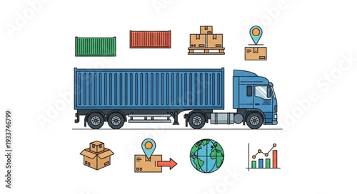 Blue container truck with logistics icons for global shipping and delivery services.