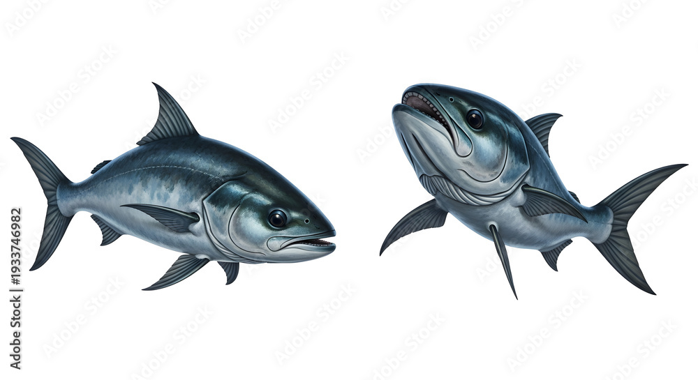 Fototapeta premium Illustration of two bluefin tuna with different mouth positions facing each other on a white background