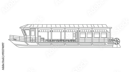 River Houseboat: A detailed line drawing of a charming river houseboat, perfect for a leisurely journey, with spacious interiors and panoramic windows designed for exploring serene waters.