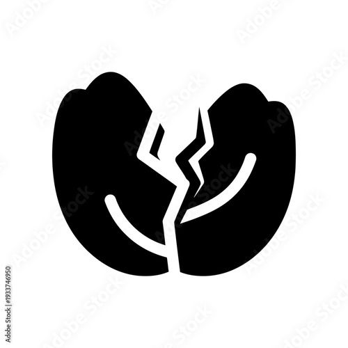Minimalist black and white broken heart icon representing love, separation, and emotional pain for modern design projects.