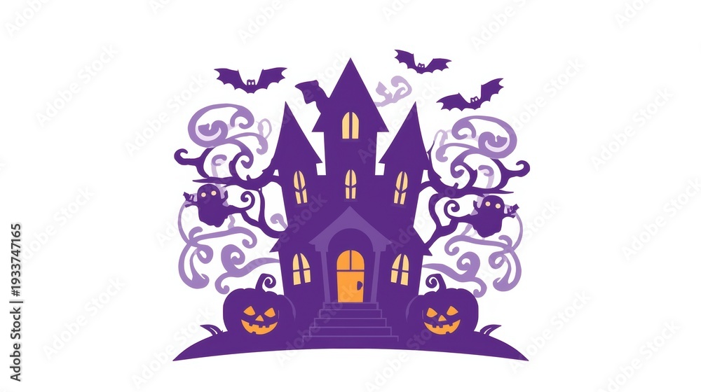 Naklejka premium Spooky halloween scene with a haunted castle and jack-o'-lanterns