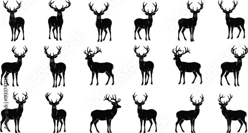 Deer stag silhouettes collection isolated on white background, majestic antlered buck in standing poses, black wildlife vector illustration set for nature and hunting themes.