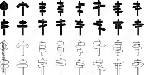 Directional signpost icon set with solid and outline styles, featuring multiple arrow configurations for navigation, mapping, user interface design, and wayfinding graphics projects