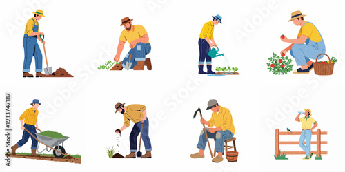 Diverse Farming Activities: Illustrations of Men Gardening, Planting, Watering, and Harvesting Crops.