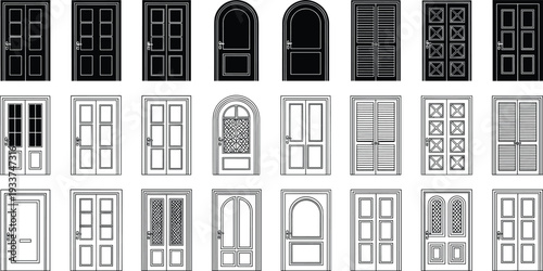 Door design icon set with solid silhouettes and detailed outlines, showcasing diverse architectural styles, perfect for interior decoration, construction graphics, and design projects