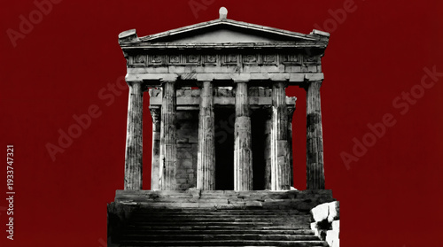 Ancient Greek temple in high-contrast black and white over a solid crimson red background.
