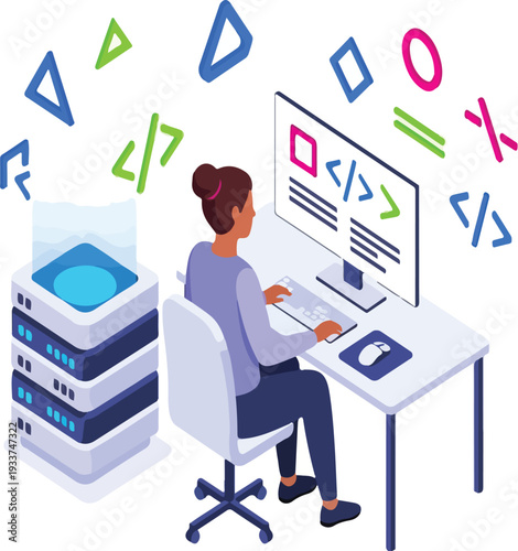 Female Software Developer Working on Coding and Cloud Server Management Isometric Illustration