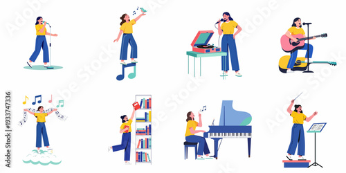 A vibrant collection of illustrations showcasing a woman's diverse musical journey, from singing and playing instruments to conducting and learning, embodying creativity and artistic expression.