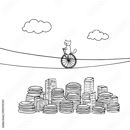 Cat riding unicycle on tightrope above cityscape with stacked coins simple line art illustration balance and finance concept