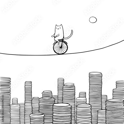 Whimsical cat riding a penny farthing bicycle on a tightrope above stacks of coins in a minimalist black and white illustration