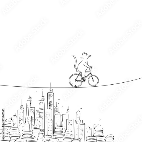 Cat riding bicycle on tightrope above city skyline with skyscrapers and coins whimsical line art illustration