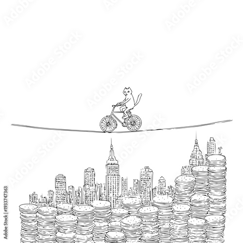 Man riding bicycle on tightrope above city skyline with coin stacks concept of financial balance and risk management
