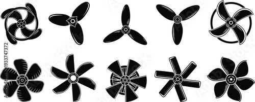Fan blade and propeller icon collection featuring ceiling, ventilation and industrial rotor silhouettes, black vector set isolated on white background