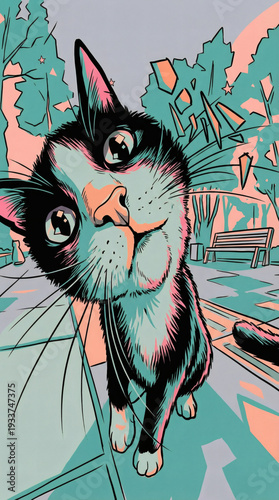 Curious tuxedo cat looking into a fisheye lens in a stylized park with pink and teal colors.