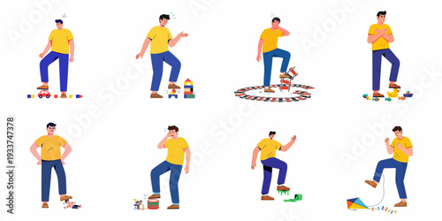 Man's Frustration: Stepping on Kids' Toys and Creating Messes Around the House - A Series of Annoyed Reactions