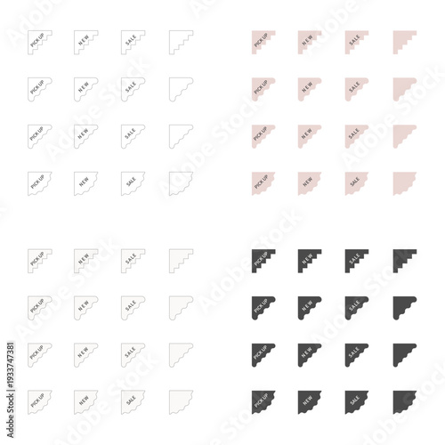 セールや新作ラベルを含むウェブサイトの広告やプロモーション用のミニマルなコーナータグセット。装飾用コーナーバッジ。