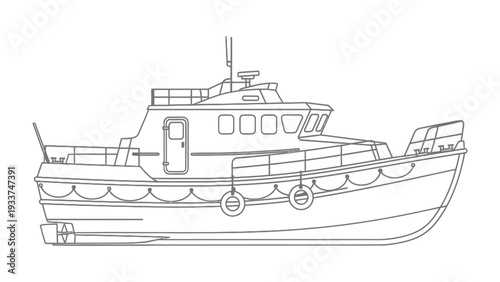 Lifeboat Silhouette: A precise line drawing showcases the robust design of a lifeboat, emphasizing its readiness for maritime emergencies and unwavering commitment to safeguarding life at sea.