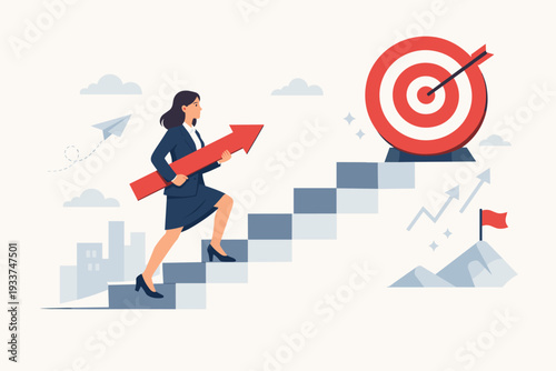 Businesswoman climbing stairs to reach a target goal while carrying a red arrow. Concept of career growth, success, motivation, and professional development in a flat vector illustration style.