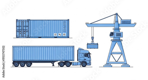 Blue Shipping Containers and Crane.