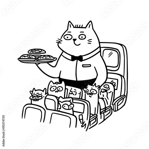 Cartoon cat waiter serving pizza to feline customers in a vehicle humorous black and white illustration
