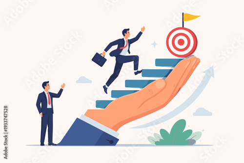 Professional mentorship and business support concept with a giant hand helping an employee climb stairs to reach a target goal, symbolizing career growth, leadership, guidance, and success.