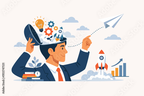 Business Support to Launch New Startup Idea and Entrepreneurship Concept with Creative Mind and Innovation. Businessman Starting New Project with Rocket Launch, Growth Chart, and Brainstorming.