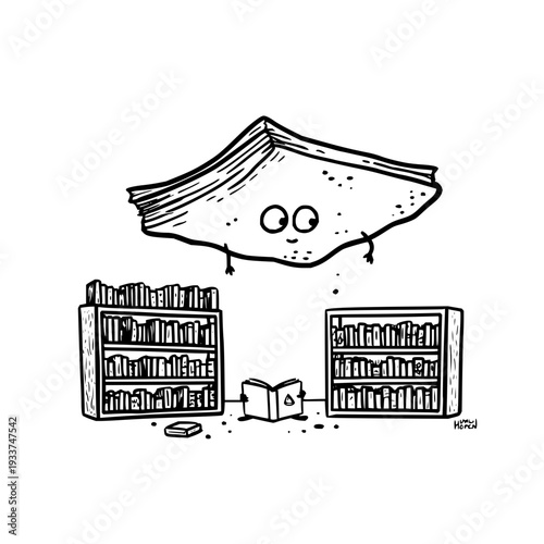 Whimsical cartoon illustration of a flying book with a face above two bookshelves and a scattered book on white background