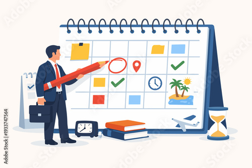 Businessman in Suit Planning Monthly Schedule on Large Desk Calendar with Giant Pencil, Time Management Concept for Agenda, Appointments, Meetings, Vacation, and Deadlines with Hourglass Icon
