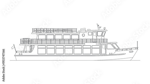 Cruise Ship Illustration: A detailed outline of a cruise ship, ready to set sail, emphasizing its structure and design with precision and artistry.