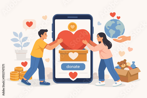 Online Charity Donation Concept with People Giving Heart into Mobile App for Support and Philanthropy, Volunteers Helping Community with Money and Goods via Smartphone, Flat Vector Illustration