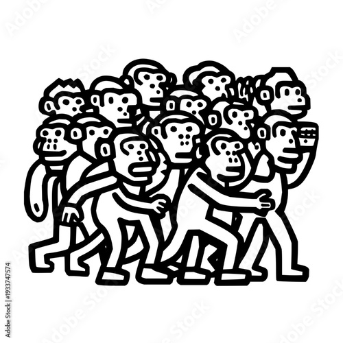 Cartoon illustration of a crowd of monkeys marching together in a fun and playful manner black and white graphic
