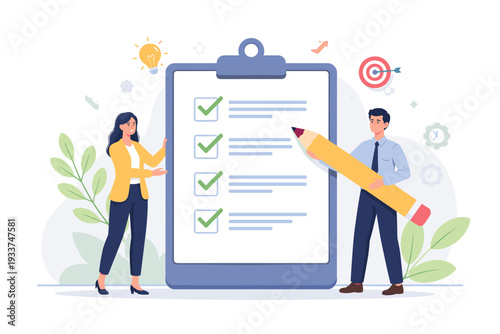 Business professional man and woman completing a checklist on a giant clipboard with a large pencil. Concept of task management, project completion, survey, questionnaire, and goal achievement.