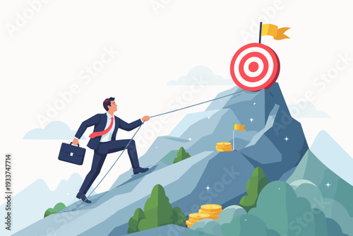 Ambitious businessman climbing a steep mountain with a rope to reach a target at the peak, symbolizing perseverance, career success, goal achievement, business growth, and overcoming challenges.