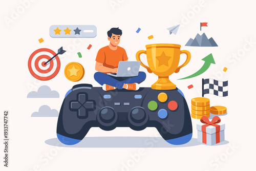 Gamification Marketing Strategy Concept with Man Sitting on Giant Game Controller Using Laptop to Achieve Target and Win Prize Reward, Digital Engagement for Business Success and Motivation
