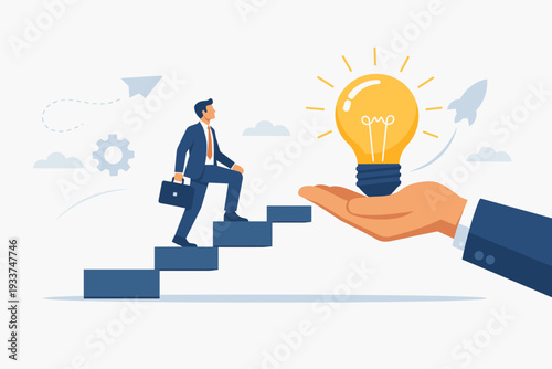 Businessman climbing stairs to a giant hand holding a glowing lightbulb, representing inspiration, business innovation, career success, creative solutions, leadership, and professional growth.