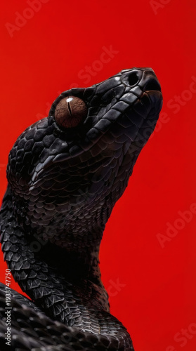 Close-up of a black snake with a detailed eye, set against a vibrant, solid red background.