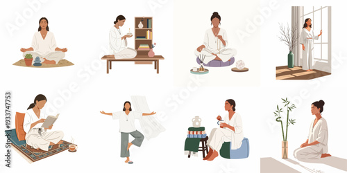 Mindful moments: Women in meditation, yoga, and serene self-care settings.