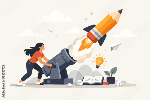 Woman Launching a Pencil Rocket from a Cannon for Creative Inspiration and Innovation, Symbolizing New Ideas, Storytelling, Writing, Education, and Business Startup Success Vector Illustration.