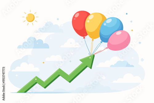 Economic Growth and Market Rising Concept with a Green Upward Arrow Pulled by Colorful Balloons in the Sky. High Performance, Profit Increase, and Financial Prosperity Vector Illustration.