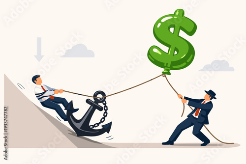 Monetary Policy Concept Illustration with Businessmen Pulling Down a Dollar Sign Balloon and an Anchor to Control Inflation, Lower Business Expenses, and Maintain Economic Stability for Profit