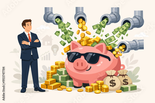 Businessman standing by a large piggy bank in sunglasses as money flows from multiple pipes, illustrating passive income, diverse revenue streams, financial success, and wealth building concept.