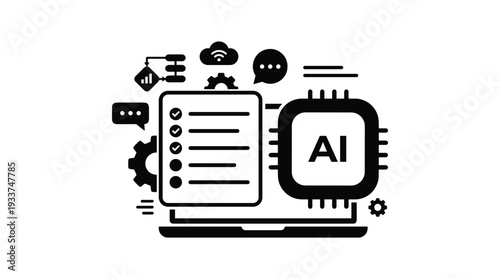 Black silhouette AI technology concept with chip and checklist on transparent background