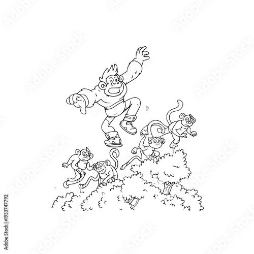 Monkeys jumping and playing together outdoors in a fun group