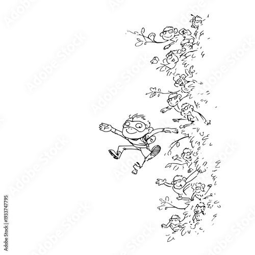 Happy cartoon child running and jumping with joyful multiple exposure effect in black and white illustration