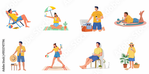 Summer vacation lifestyle illustrations: people relaxing, preparing for trips, enjoying drinks, and unwinding in diverse settings.
