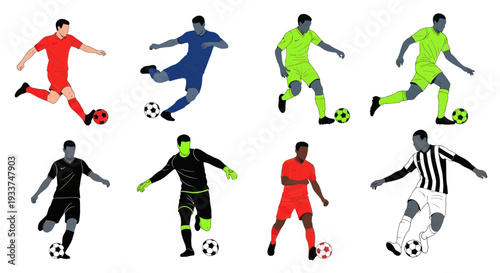 Diverse Soccer Players Action Poses Set, Football Game Illustration