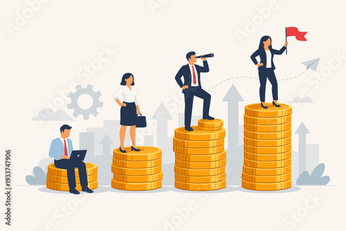 Business People Standing on Stacks of Gold Coins Representing Career Growth, Salary Increase, and Financial Success. Professional Employees Climbing Corporate Ladder for Higher Income and Pay.