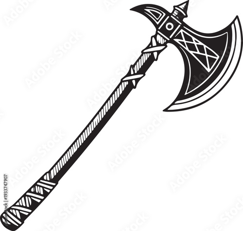 Ornate Fantasy Battle Axe Black and White Vector Illustration